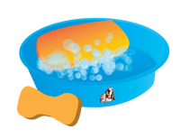 a bowl of water, sponge and soap